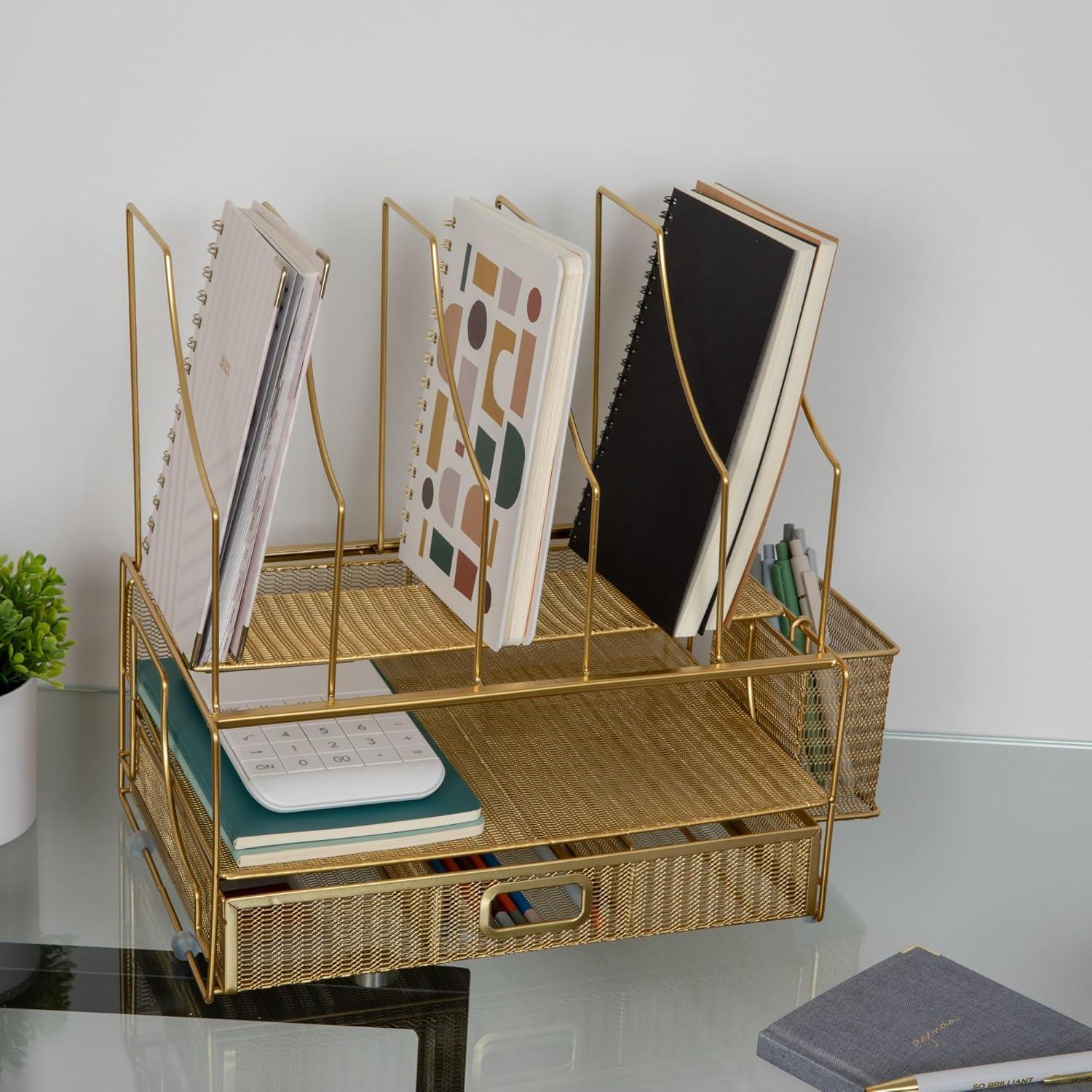 image:imageMartha Stewart Ryder Gold Mesh Metal Large Desktop Organizer With Paper File Letter Holder Organizer and Drawer