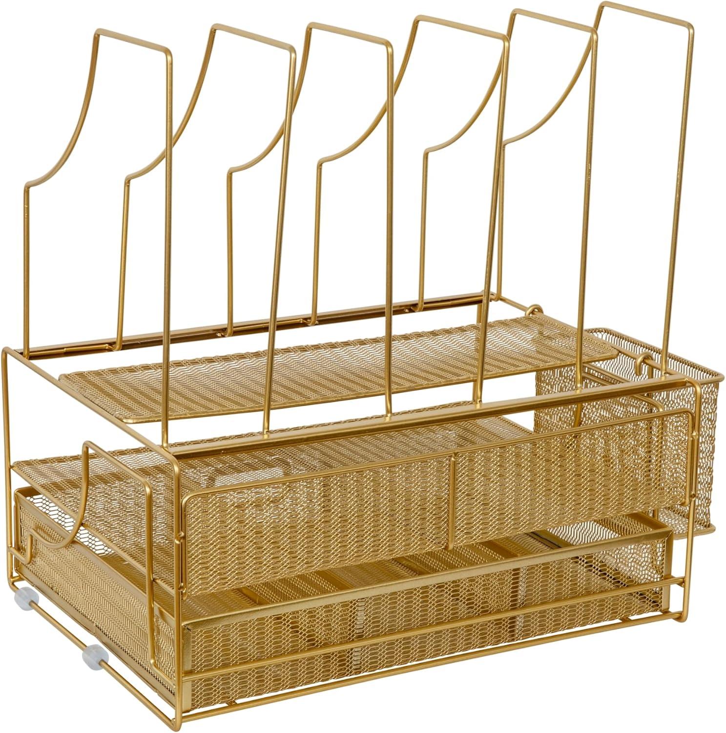 image:imageMartha Stewart Ryder Gold Mesh Metal Large Desktop Organizer With Paper File Letter Holder Organizer and Drawer