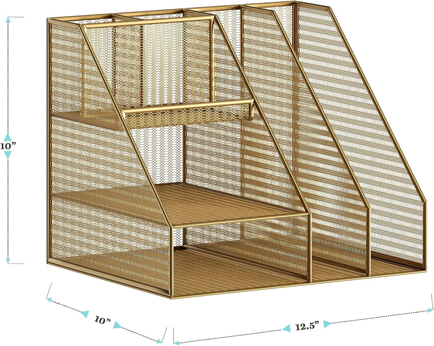 image:imageMartha Stewart Ryder Gold Mesh Metal Large Desktop Organizer with Magazine File Holder Pen Holder and Storage