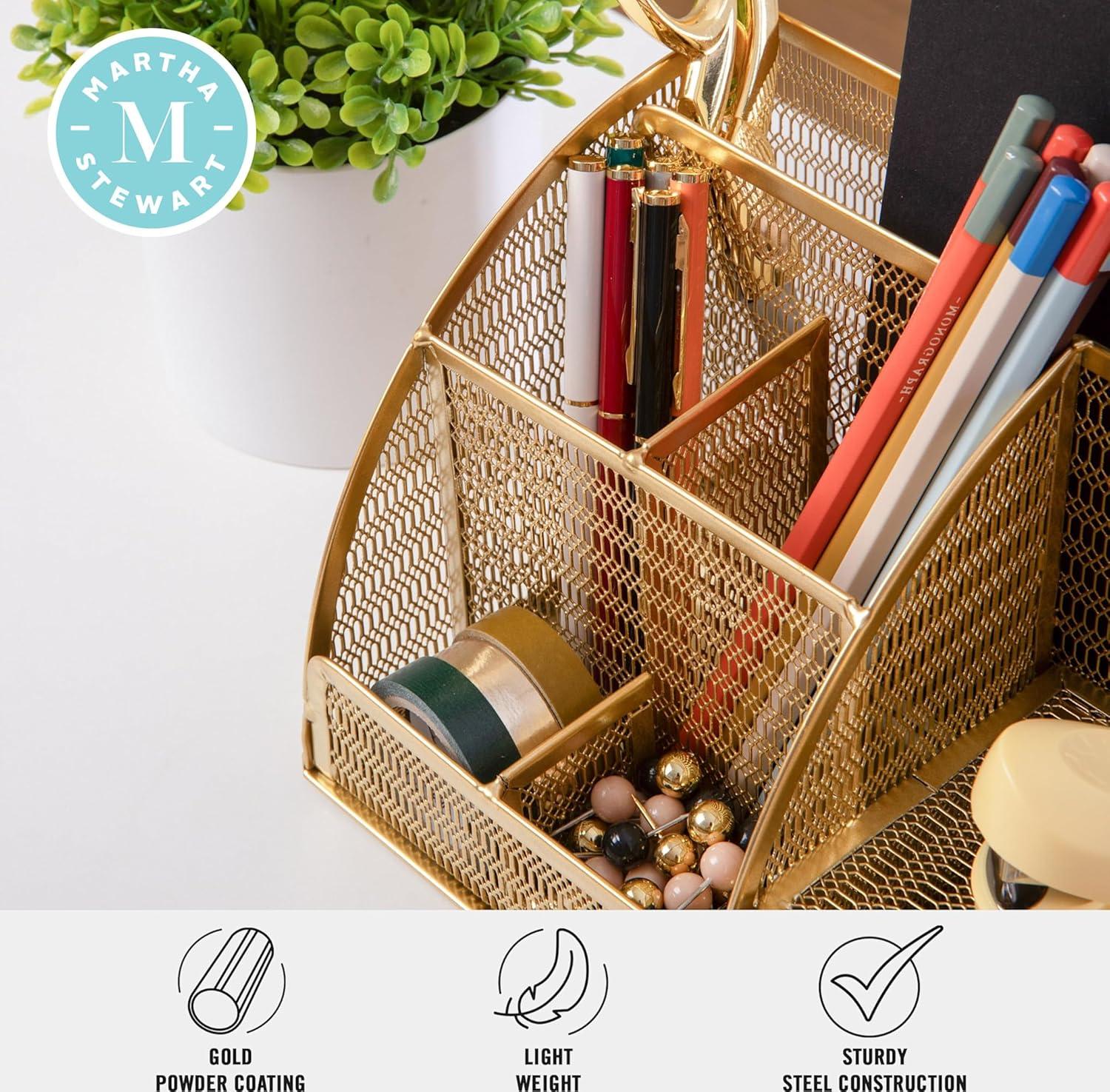 image:imageMartha Stewart Ryder Gold Mesh Metal Small Desktop Organizer for Office Accessories Notebooks Pen Holder and Drawer