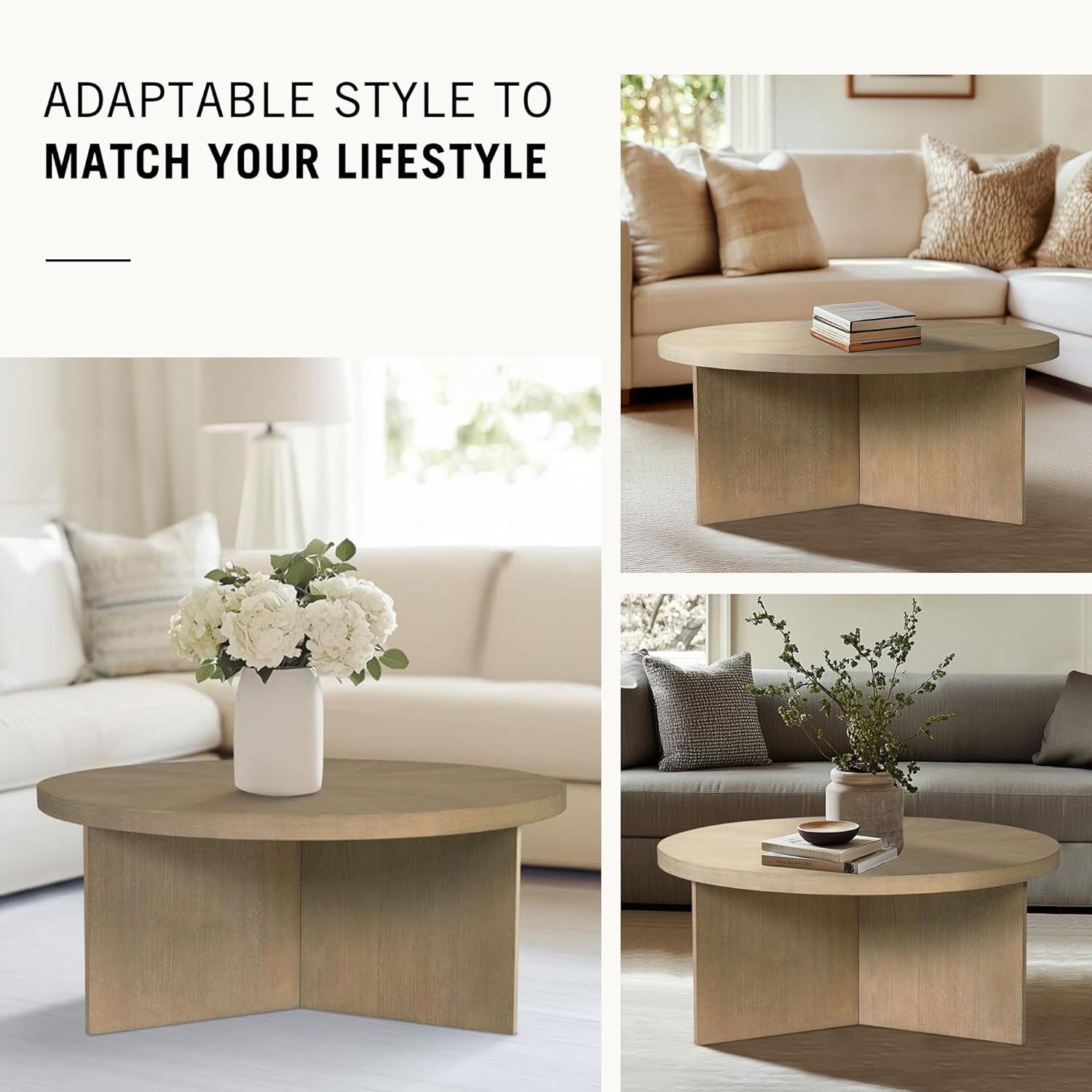 image:imageMartha Stewart Sadie Round Coffee Table Starburst Veneer Top Reclaimed Greige Wood Finish Modern Accent for Living Room Lounge or Sitting Area 36 Dia x 165 HReclaimed Greige