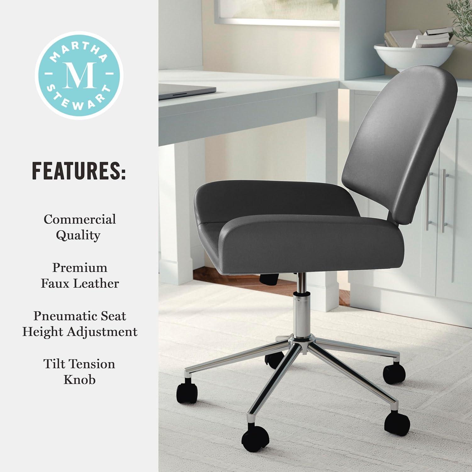 image:imageMartha Stewart Tyla Armless Swivel Task Chair for Home Office in White Faux Leather with Polished Brass FrameGray Faux LeatherPolished Nickel