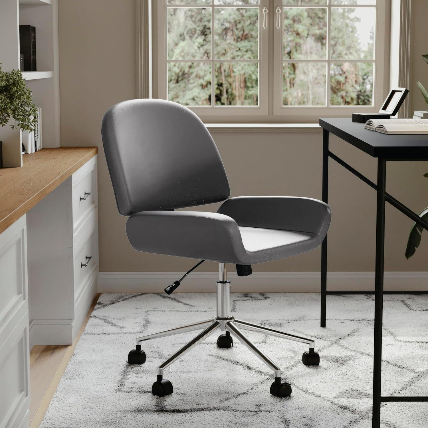 image:imageMartha Stewart Tyla Armless Swivel Task Chair for Home Office in White Faux Leather with Polished Brass FrameGray Faux LeatherPolished Nickel
