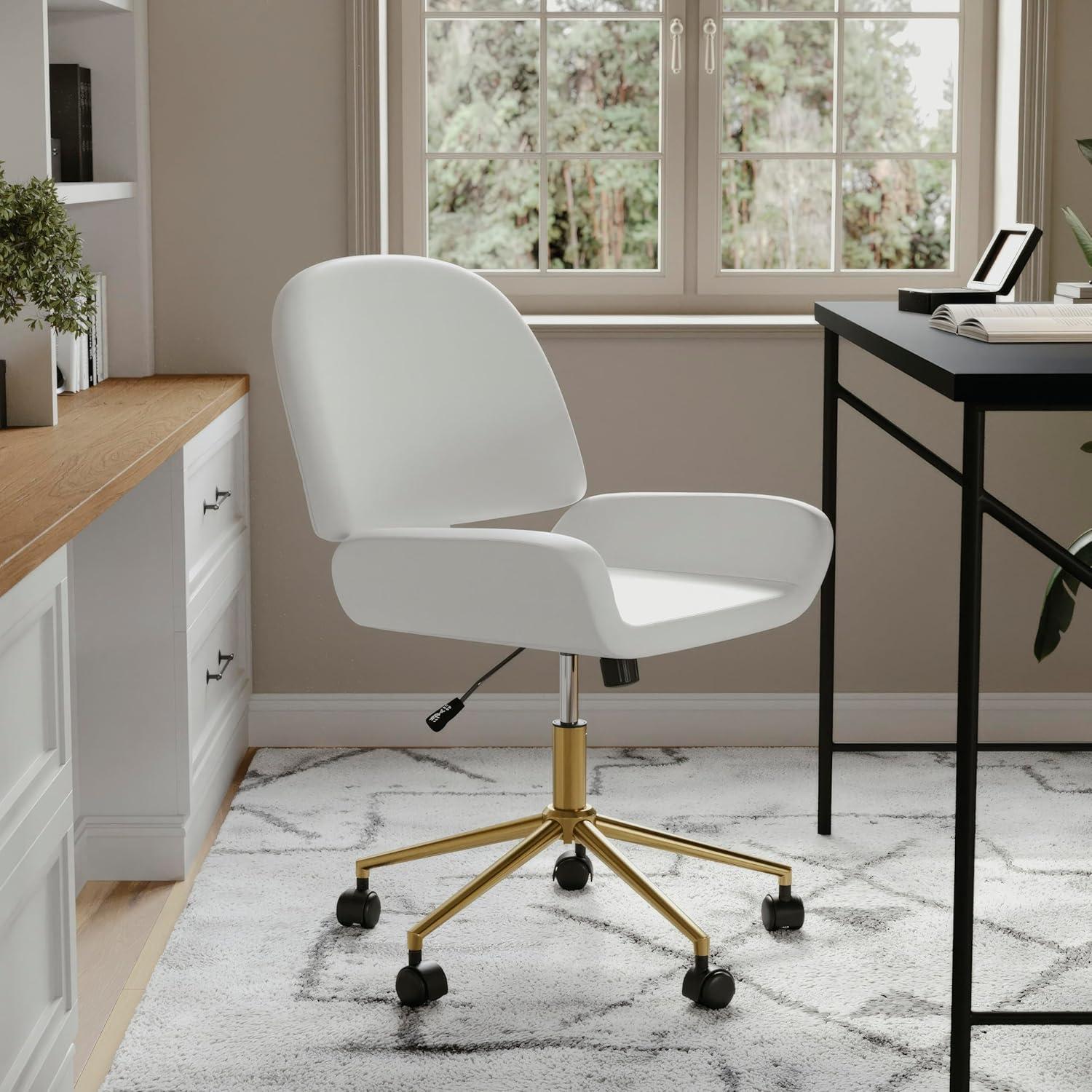 image:imageMartha Stewart Tyla Armless Swivel Task Chair for Home Office in White Faux Leather with Polished Brass FrameWhite Faux LeatherPolished Brass