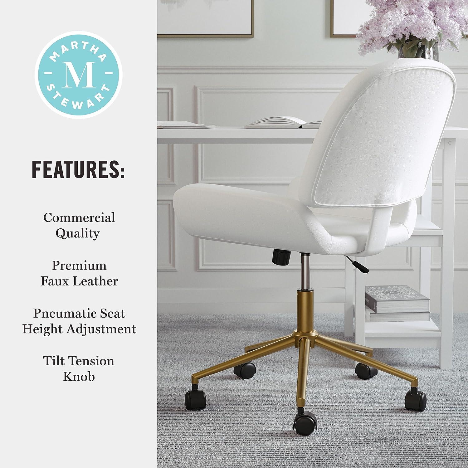 image:imageMartha Stewart Tyla Armless Swivel Task Chair for Home Office in White Faux Leather with Polished Brass FrameWhite Faux LeatherPolished Brass