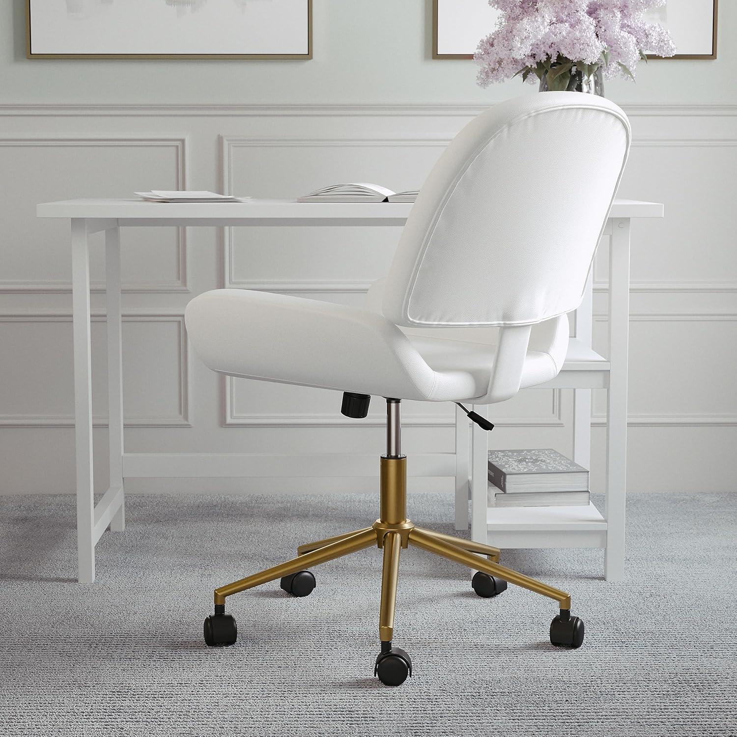 image:imageMartha Stewart Tyla Armless Swivel Task Chair for Home Office in White Faux Leather with Polished Brass FrameWhite Faux LeatherPolished Brass