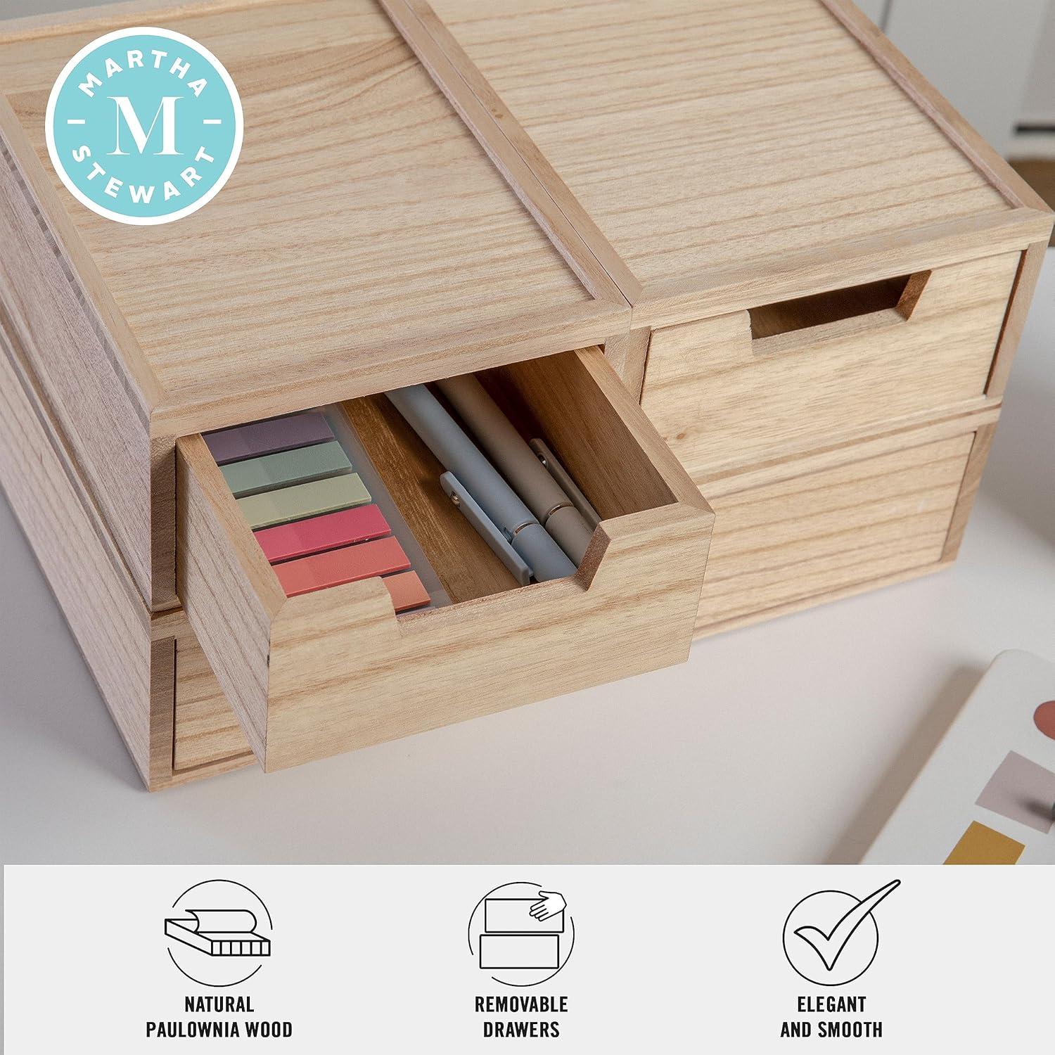 image:imageMartha Stewart Weston Stackable Wooden Storage Boxes with Pullout Drawers Paulownia Wood Storage Organizers 3 Pack Light NaturalLight Natural