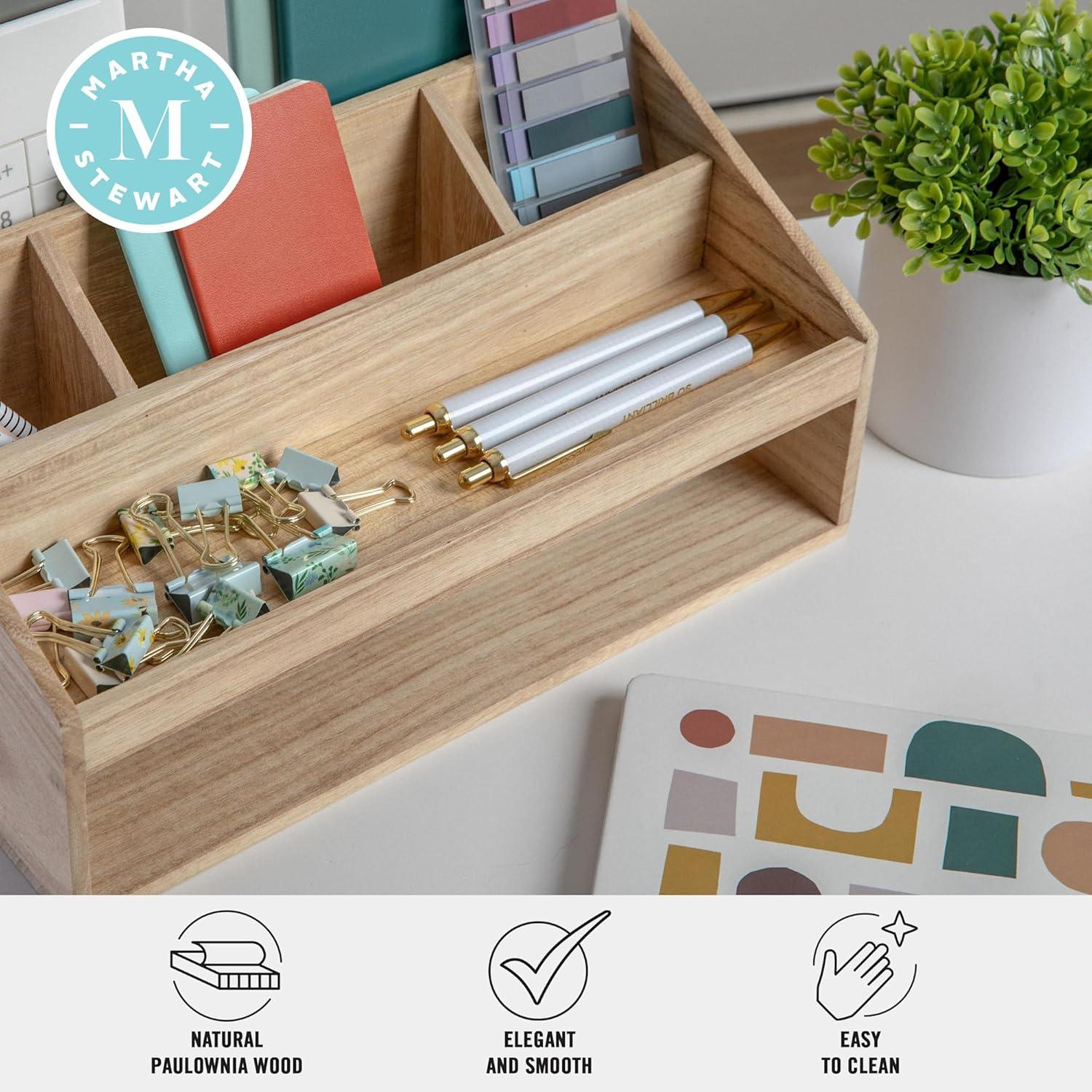image:imageMartha Stewart Weston Wooden Desktop Organizer with Open Lower Storage Compartment Engineered Wood Multipurpose Storage Caddy WhiteLight Natural