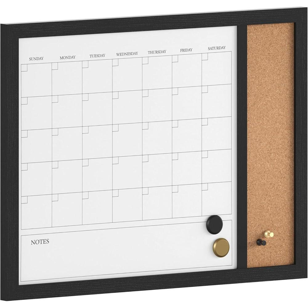 image:imageMartha Stewart Everette Magnetic Dry Erase Monthly Calendar and Cork Board Combo with Included Marker Magnets Push Pins 24x18 Light Natural Woodgrain FrameBlack Woodgrain