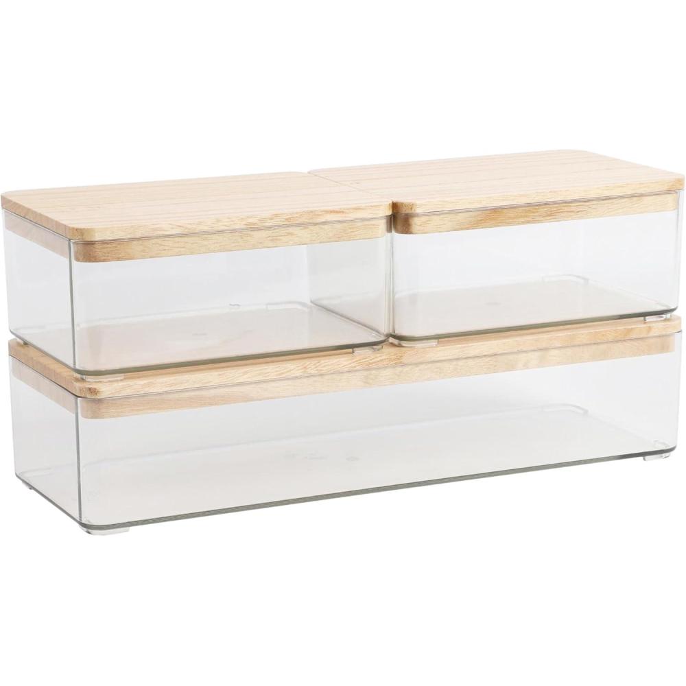 image:imageMartha Stewart Grady Clear Plastic Stackable Storage Boxes with White Engineered Wood Lids Set of 3ClearLight Natural Paulownia Top