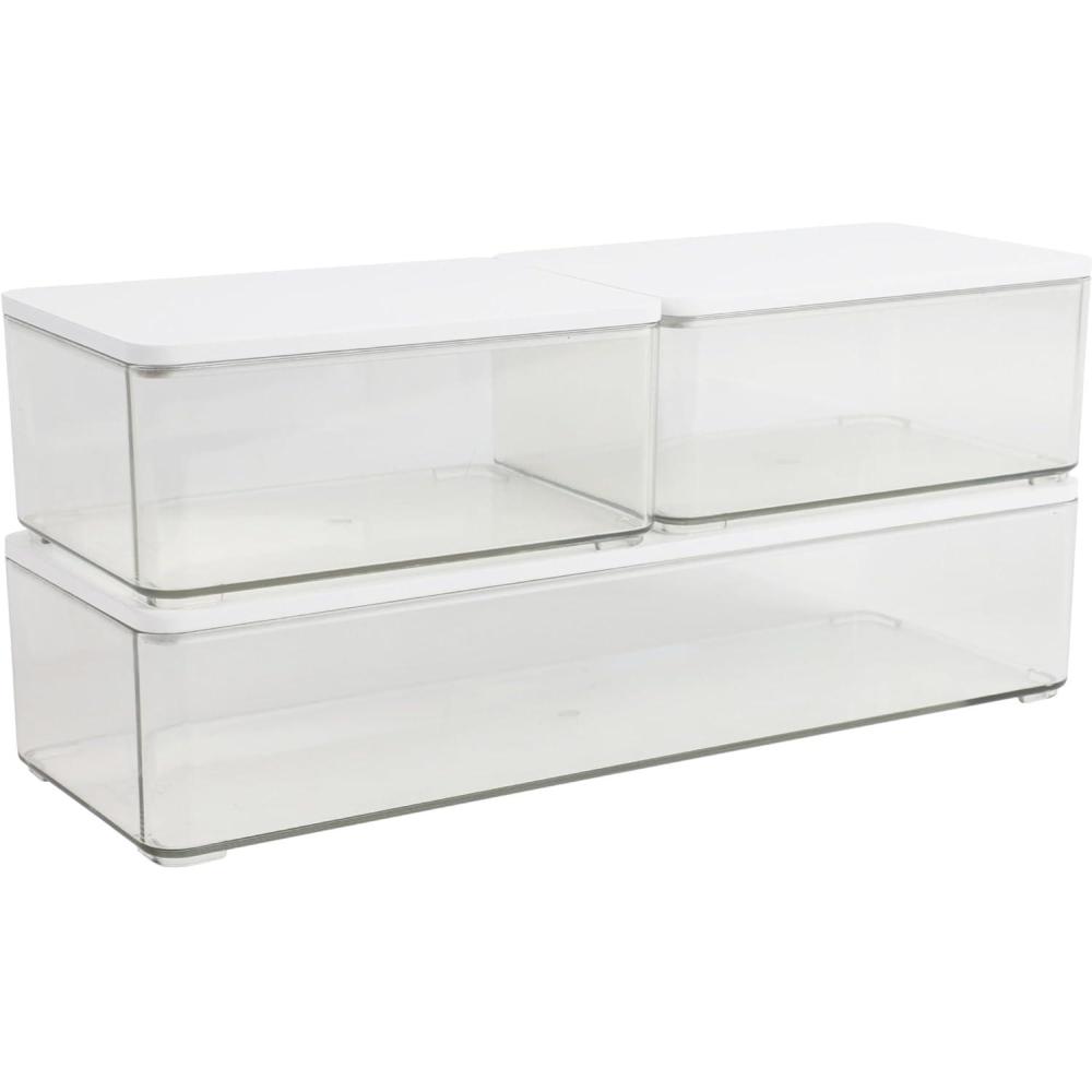 image:imageMartha Stewart Grady Clear Plastic Stackable Storage Boxes with White Engineered Wood Lids Set of 3ClearWhite Engineered Top