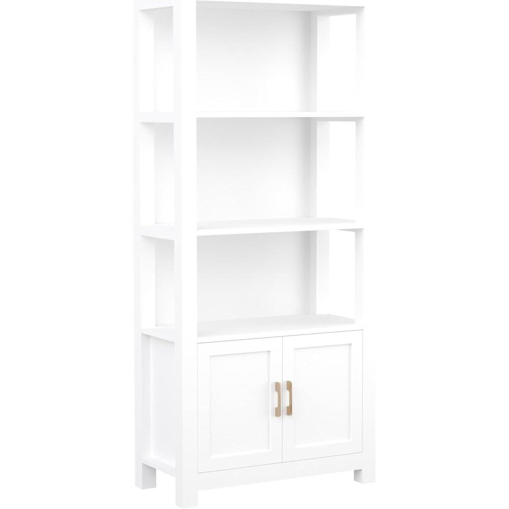 image:imageMartha Stewart Hutton Four Tier Shaker Bookcase with Storage Cabinet in White with Polished Brass HardwareWhite FramePolished Brass Hardware