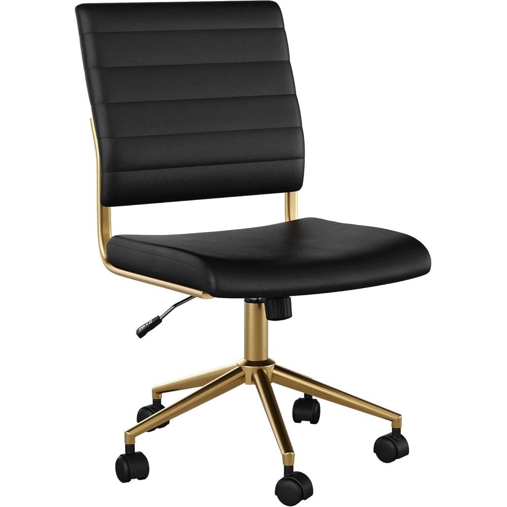 image:imageMartha Stewart Ivy Armless Swivel Task Chair for Home Office in Black Faux Leather with Polished Brass FrameBlack Faux LeatherPolished Brass
