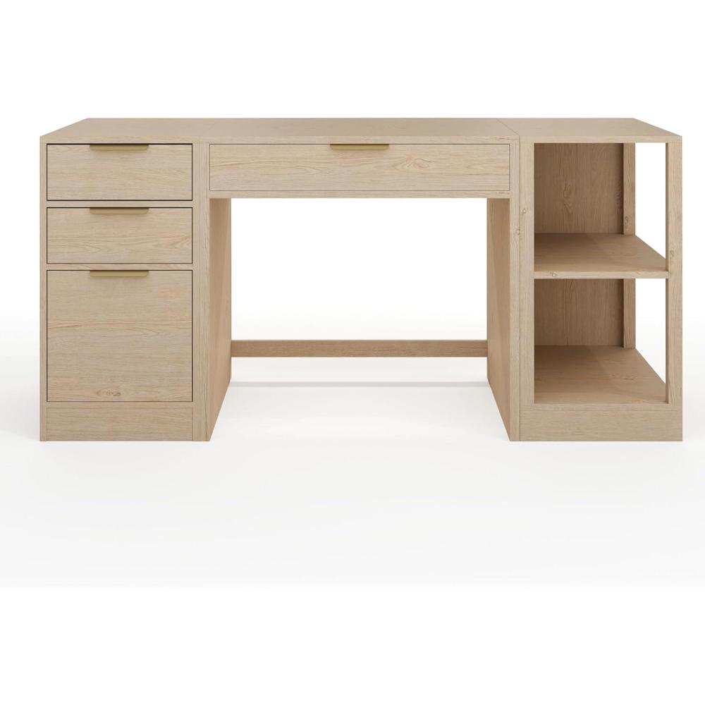 image:imageMartha Stewart Kayden Home Office Modular Desk with Drawer 2 Tier Shelf and File Cabinet in Light Natural with Brushed Gold Hardware