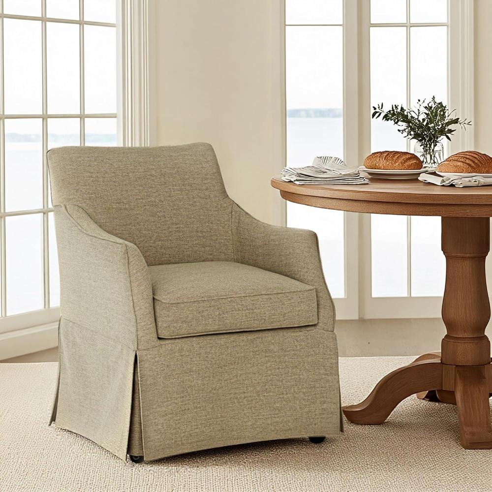 image:imageMartha Stewart London Upholstered Skirted Dining Arm Chair with Casters  Curved Back Removable Seat Cushion for Dining Room Home Office or Living Space Light BlueBeige