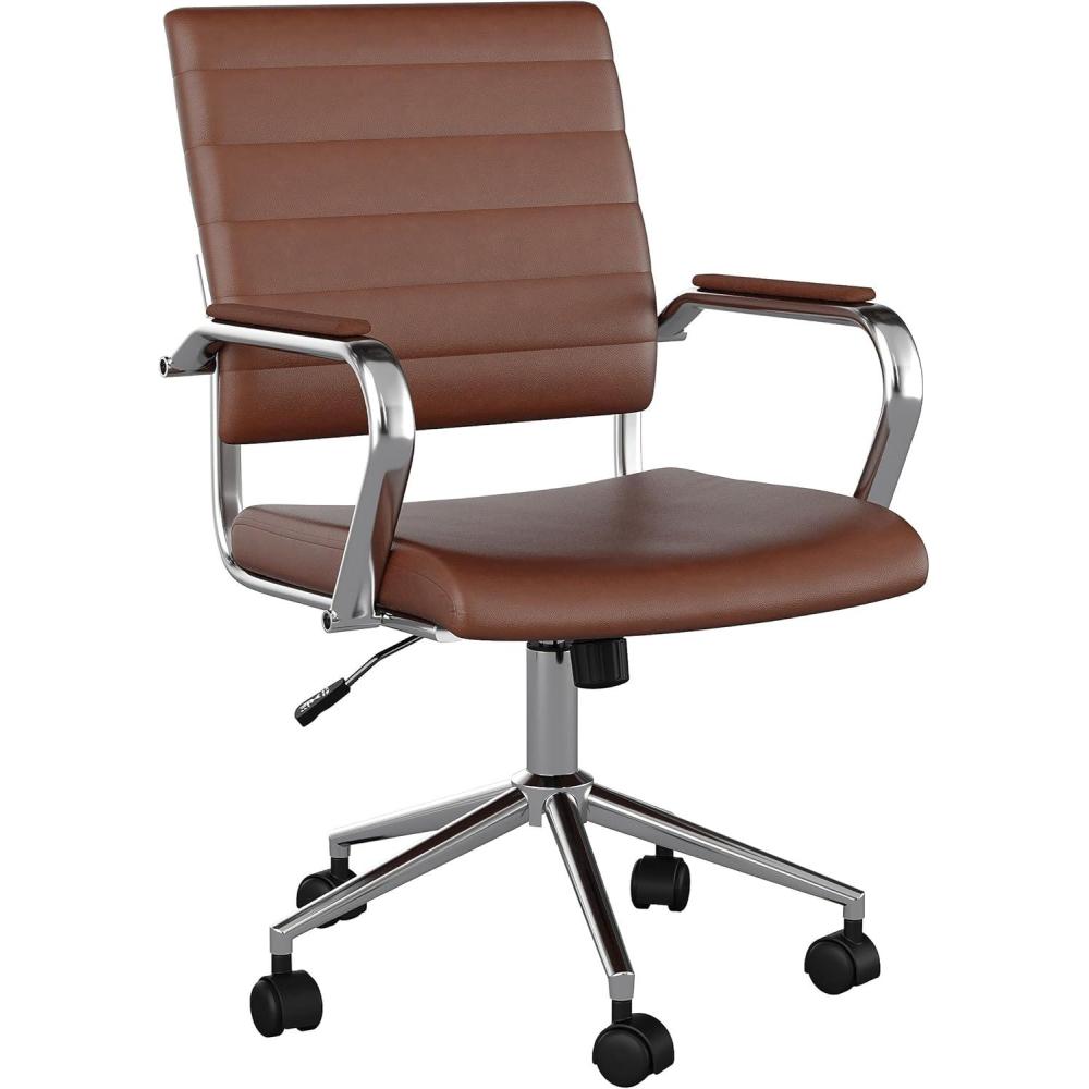 image:imageMartha Stewart Piper Swivel Task Chair with Armrests for Home Office in Saddle Brown Faux Leather with Polished Nickel FrameSaddle Brown Faux LeatherPolished Nickel