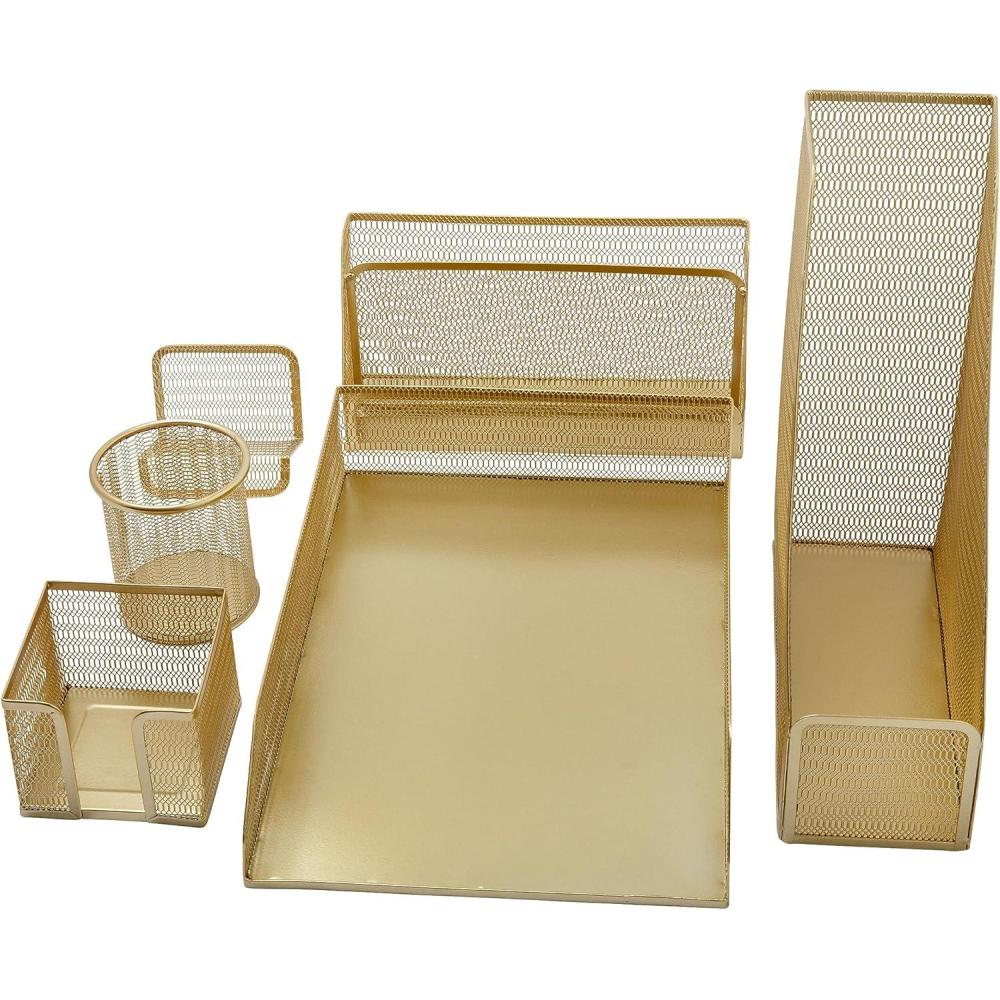 image:imageMartha Stewart Ryder Gold Mesh Metal 6 Piece Set Desktop Organizers and Accessories Holds Files Magazines Letters Pens Sticky Notes and Business Cards