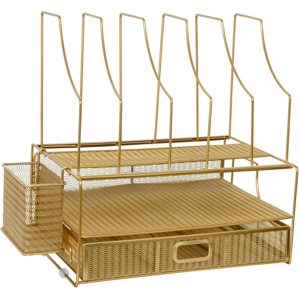 image:imageMartha Stewart Ryder Gold Mesh Metal Large Desktop Organizer With Paper File Letter Holder Organizer and Drawer