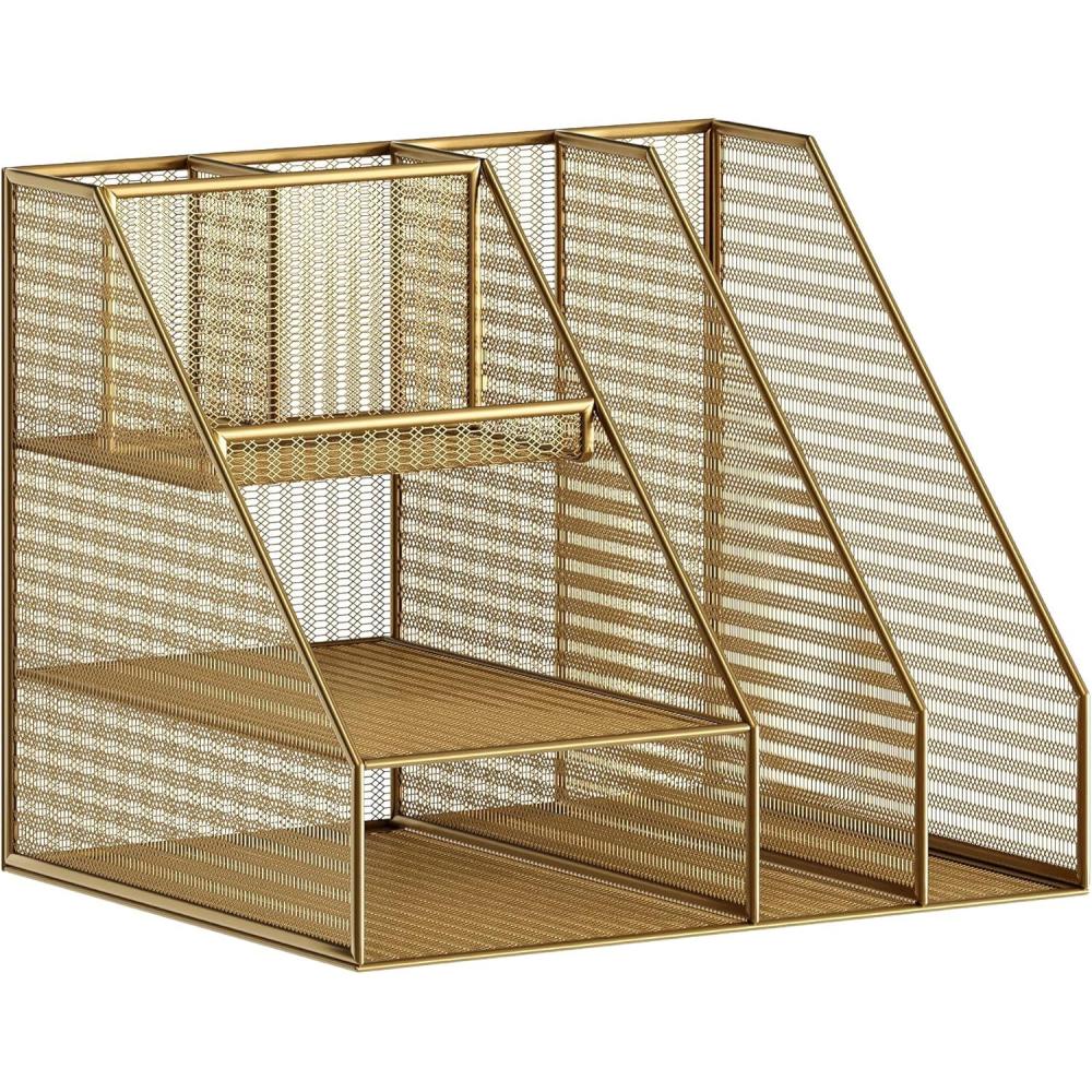image:imageMartha Stewart Ryder Gold Mesh Metal Large Desktop Organizer with Magazine File Holder Pen Holder and Storage