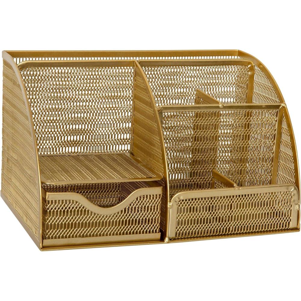 image:imageMartha Stewart Ryder Gold Mesh Metal Small Desktop Organizer for Office Accessories Notebooks Pen Holder and Drawer