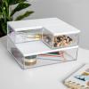 Martha Stewart Brody Plastic Storage Organizer Bins with Paulownia Wood Lid for Home Office, Kitchen, or Bathroom, 3 Pack Medium, 7.5″ x 3″, Clear/Light Natural(Clear/White)