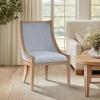 Martha Stewart Farmhouse Dining Room Chair, Recessed Arm Chair for Bedrooms, Nailhead Trim, Solid Wood Legs, Upholstered Reading Accent Chairs for Living Room, Kitchen Décor, Elmherst – Linen Color(Light Blue)