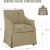 Martha Stewart London Upholstered Skirted Dining Arm Chair with Casters – Curved Back, Removable Seat Cushion, for Dining Room, Home Office, or Living Space, Light Blue(Beige)