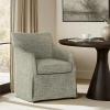 Martha Stewart London Upholstered Skirted Dining Arm Chair with Casters – Curved Back, Removable Seat Cushion, for Dining Room, Home Office, or Living Space, Light Blue(Grey)