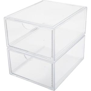 Martha Stewart Brody Desk Organizer with 2 Drawers, Stackable Plastic Desk Storage Box, Organizer for Office, Bathroom, Countertop or Dorm, 6″ x 7.5″, 2 Pack, Clear(6″ x 7.5″)