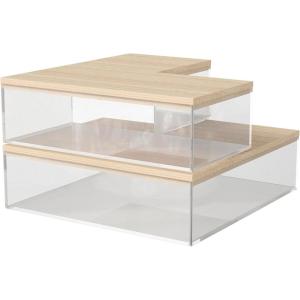 Martha Stewart Brody Plastic Storage Organizer Bins with Paulownia Wood Lid for Home Office, Kitchen, or Bathroom, 3 Pack Medium, 7.5″ x 3″, Clear/Light Natural(Clear/Light Natural)