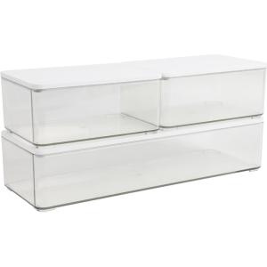 Martha Stewart Grady Clear Plastic Stackable Storage Boxes with White Engineered Wood Lids, Set of 3(Clear/White Engineered Top)