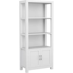 Martha Stewart Hutton Four Tier Shaker Bookcase with Storage Cabinet in White with Polished Brass Hardware(Gray Frame/Brushed Nickel Hardware)