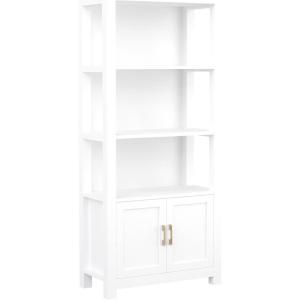 Martha Stewart Hutton Four Tier Shaker Bookcase with Storage Cabinet in White with Polished Brass Hardware(White Frame/Polished Brass Hardware)