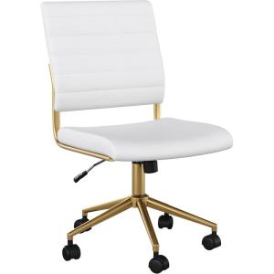 Martha Stewart Ivy Armless Swivel Task Chair for Home Office in Black Faux Leather with Polished Brass Frame(White Faux Leather/Polished Brass)
