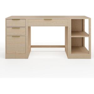Martha Stewart Kayden Home Office Modular Desk with Drawer, 2 Tier Shelf, and File Cabinet in Light Natural with Brushed Gold Hardware
