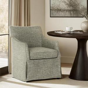 Martha Stewart London Upholstered Skirted Dining Arm Chair with Casters – Curved Back, Removable Seat Cushion, for Dining Room, Home Office, or Living Space, Light Blue(Grey)