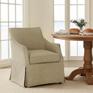 Martha Stewart London Upholstered Skirted Dining Arm Chair with Casters – Curved Back, Removable Seat Cushion, for Dining Room, Home Office, or Living Space, Light Blue(Beige)