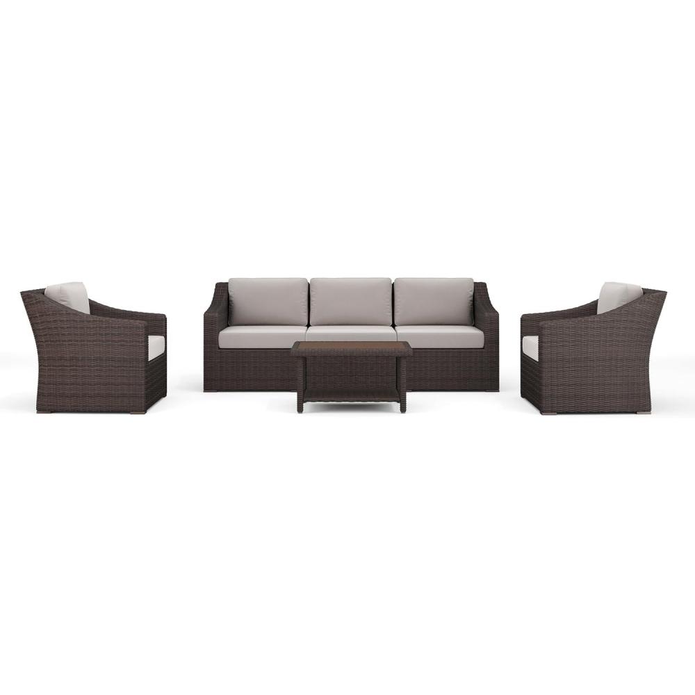 image:imageMartha Stewart Bedford 4Piece IndoorOutdoor Conversation Set with Sofa 2 Accent Chairs and Coffee Table in Brown Rattan Wicker with Tan AllWeather Cushions