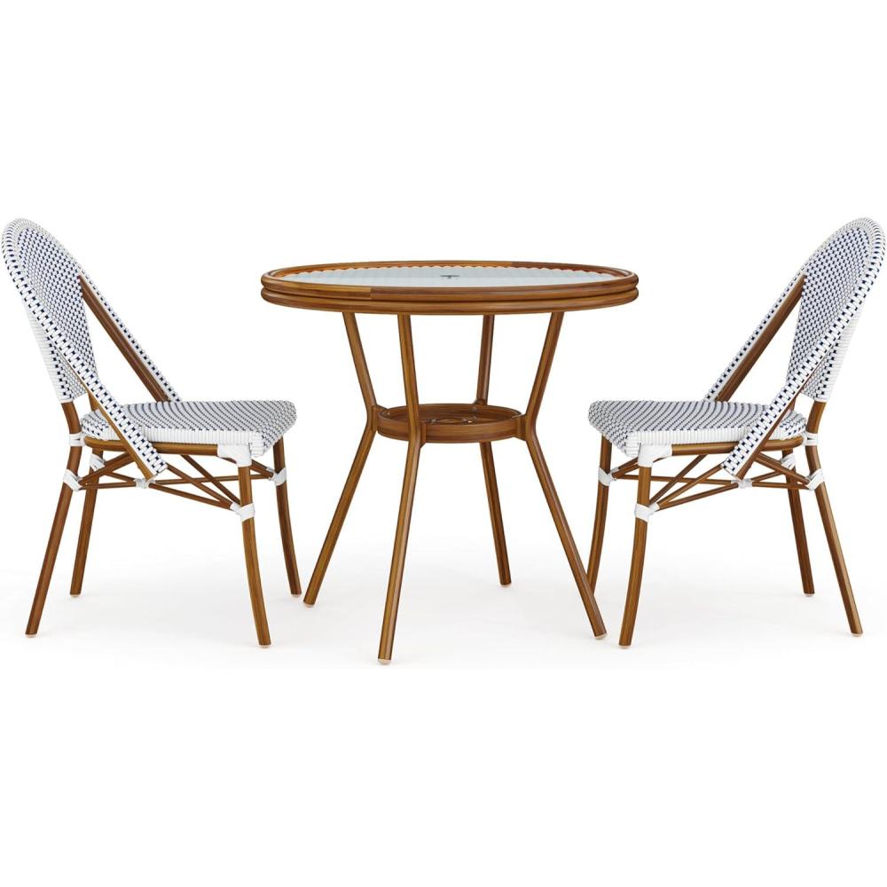 image:imageMartha Stewart Lily Pond 5 Piece IndoorOutdoor Navy and White Woven Rattan Bistro Set with Natural Woodgrain Aluminum Frames and Tempered Glass TabletopNavy  WhiteNatural Frame