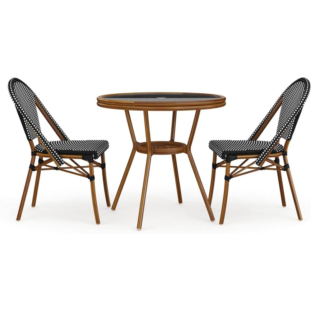 image:imageMartha Stewart Lily Pond 5 Piece IndoorOutdoor Navy and White Woven Rattan Bistro Set with Natural Woodgrain Aluminum Frames and Tempered Glass TabletopBlack  WhiteNatural Frame