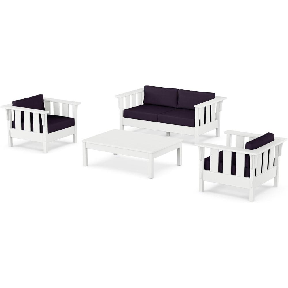 image:imageMartha Stewart by POLYWOOD Acadia 4Piece Deep Seating Set with Loveseat in TeakDune BurlapWhite  Navy Linen