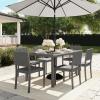 Martha Stewart Bedford 7-Piece Indoor-Outdoor Dining Set with 6 Stackable Chairs and 62″ Patio Table with Faux Wood Top and Rattan Wicker Finish in Gray(Grey)