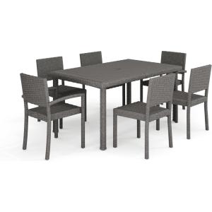 Martha Stewart Bedford 7-Piece Indoor-Outdoor Dining Set with 6 Stackable Chairs and 62″ Patio Table with Faux Wood Top and Rattan Wicker Finish in Gray(Grey)