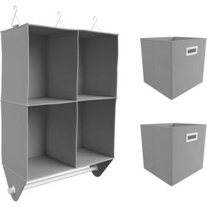 Martha Stewart Essential Closet Home Storage and Organization for Storing Sweaters, Blankets, Handbags, Hanging Shirts Accessories, 4-Shelf Hanging Organizer with 2 Craft Cubes, Stone