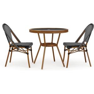Martha Stewart Lily Pond 5 Piece Indoor-Outdoor Navy and White Woven Rattan Bistro Set with Natural Woodgrain Aluminum Frames and Tempered Glass Tabletop(Black & White/Natural Frame)