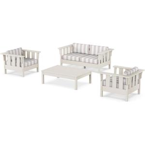 Martha Stewart by POLYWOOD® Acadia 4-Piece Deep Seating Set with Loveseat in Teak/Dune Burlap(Sand / Cabana Stripe Dune Burlap)