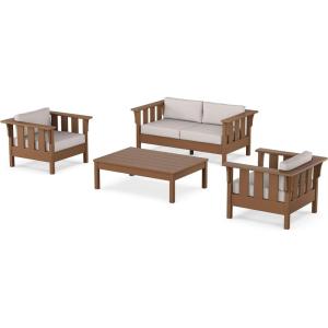 Martha Stewart by POLYWOOD® Acadia 4-Piece Deep Seating Set with Loveseat in Teak/Dune Burlap(Teak / Dune Burlap)