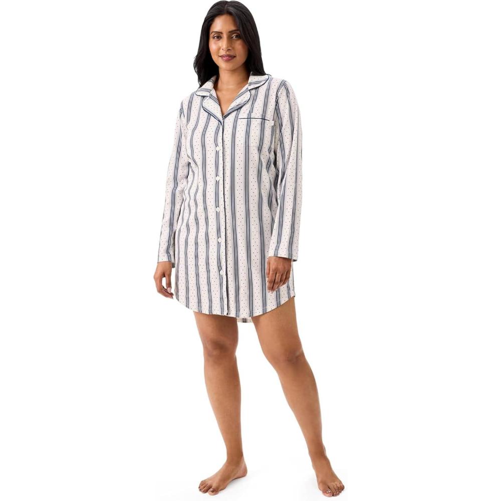 image:imageMartha Stewart Classic Long Sleeve Nightshirt for Women Cotton Notch Collar Striped Sleepwear Timeless and ElegantEgret