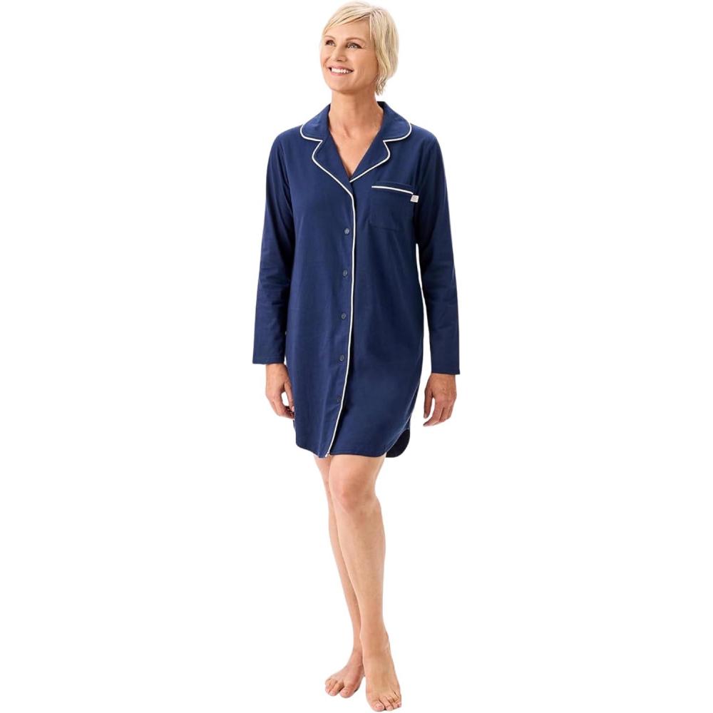 image:imageMartha Stewart Classic Long Sleeve Nightshirt for Women Cotton Notch Collar Striped Sleepwear Timeless and ElegantMedieval Blue