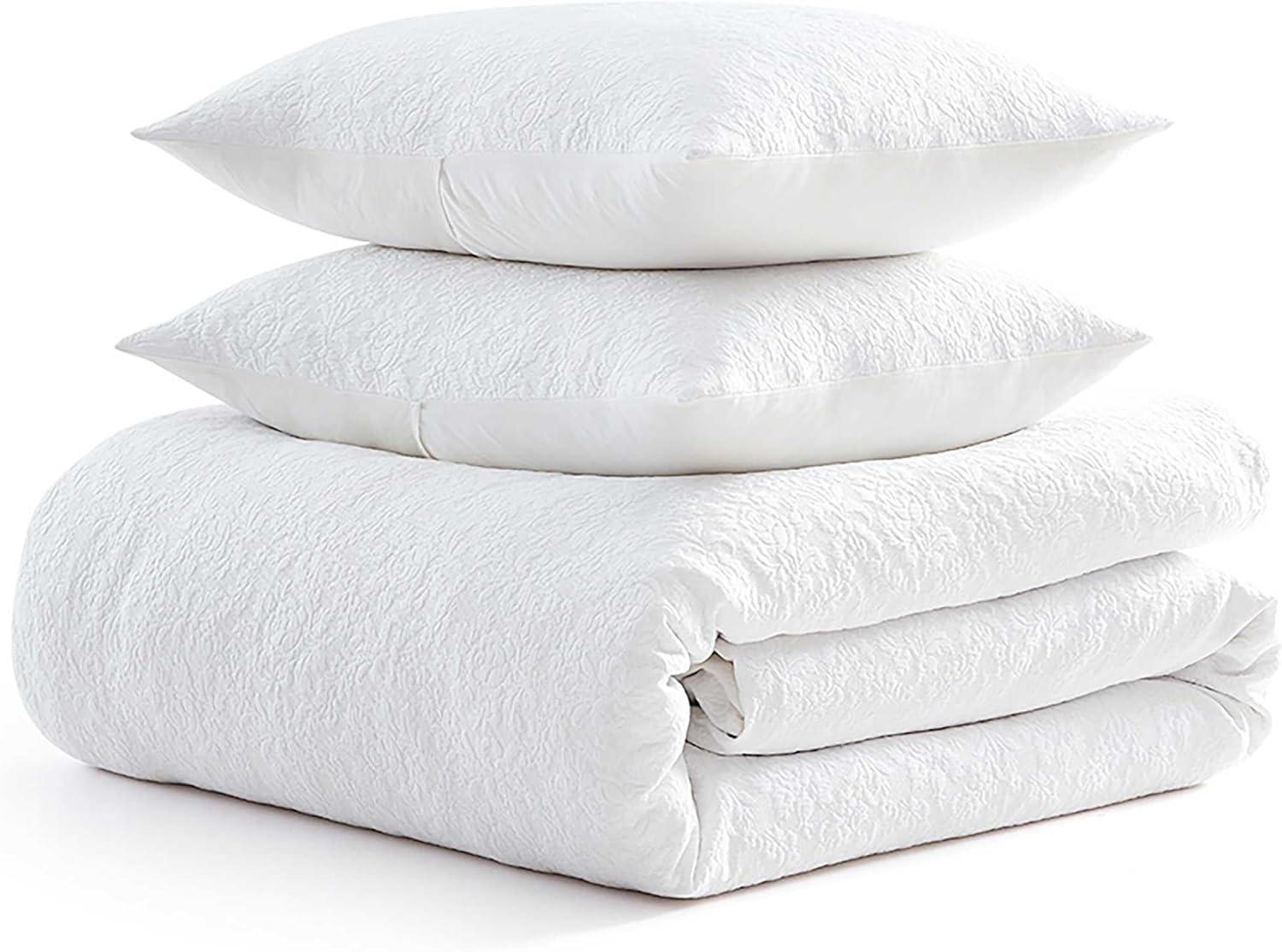 image:imageMartha Stewart Queen Comforter Set Naturally Soft CottonRich Jacquard Bedding wMatching Pillowcases Textured 3 Piece Bed Set Garden Trellis WhiteGarden Trellis White